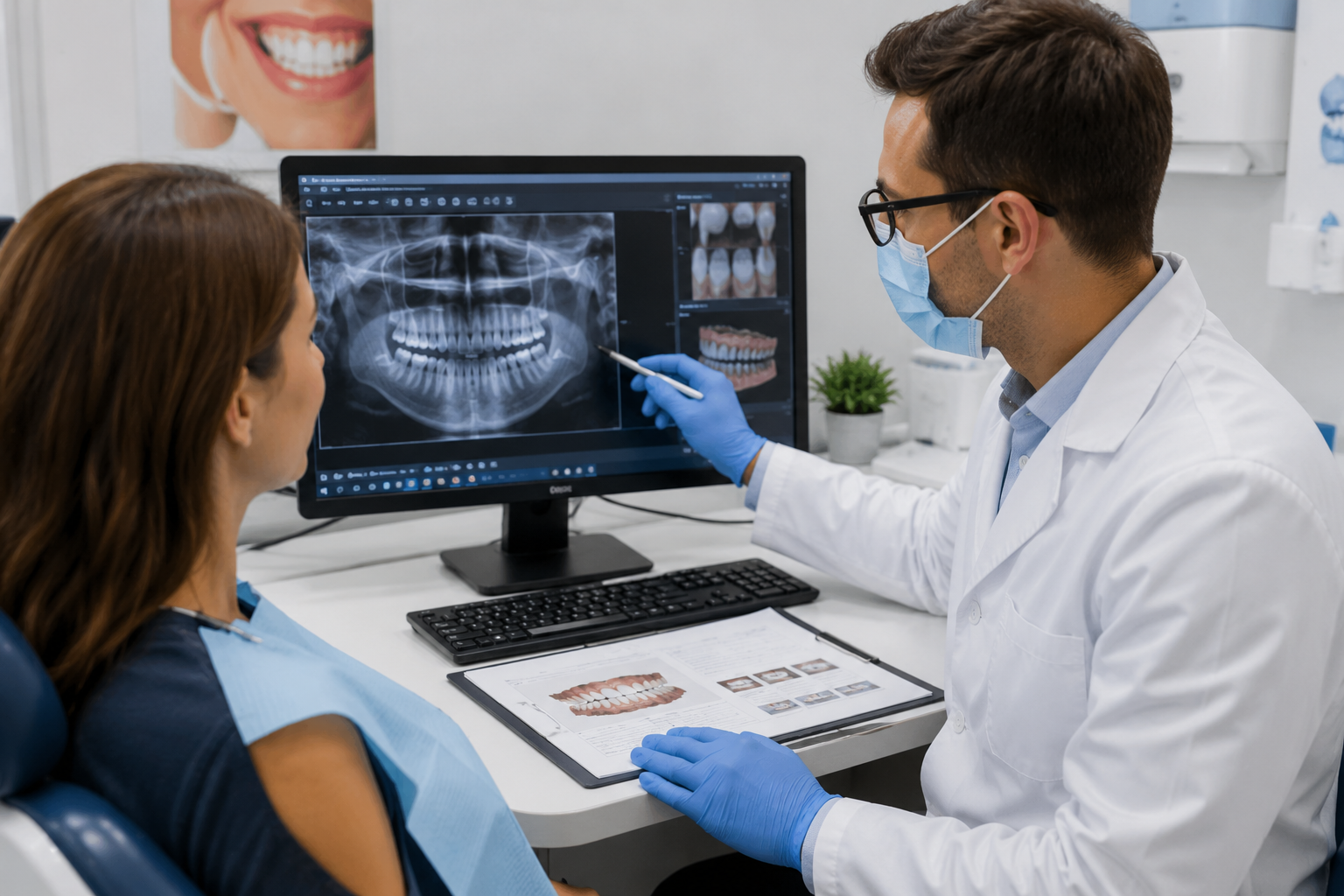 Dentist discussing a personalized dental treatment plan with a patient during a consultation.